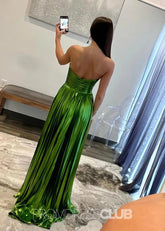 Ella |Long Green Prom Dress Metallic With A Line Strapless Pleated Slit - Green - PromDressClub